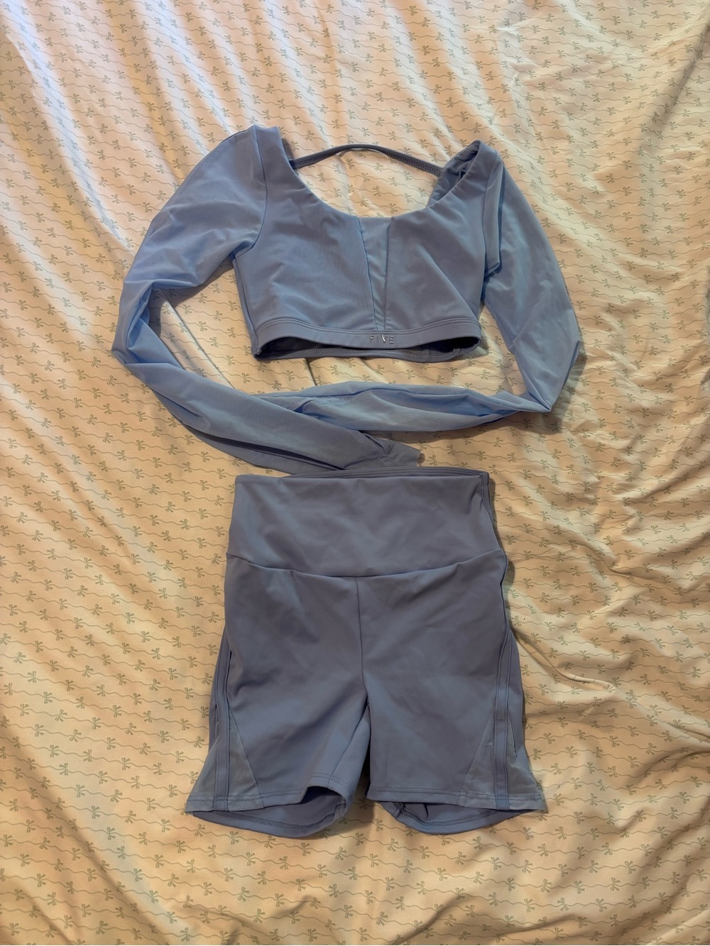 Two-Piece Active Set in Dusty Blue Crop Top & High-Waist Shorts Five the label